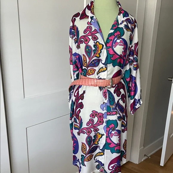 Johnny Was White Paisley Dress with Pink, Purple, Teal and Yellow - Picture 2 of 16